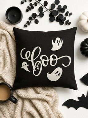 Halloween Pillow Cover • Ghosts Boo Black Off‑White • 18x18 • Linen Look NWOT